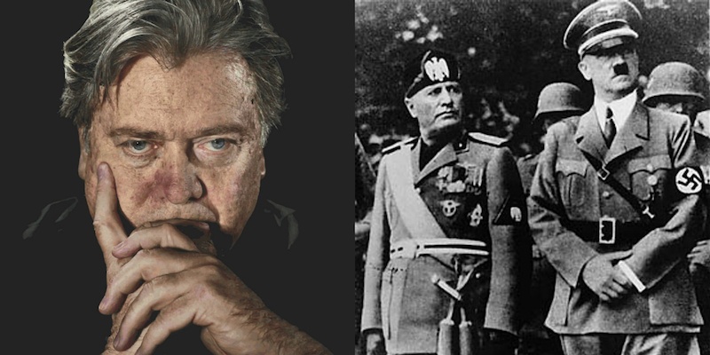 Left: Steve Bannon TIME Magazine Cover Photo. Right: Benito Mussolini and Adolph Hitler. By Muzej Revolucije Narodnosti Jugoslavije (USHMM Photograph #89908) [Public domain], via Wikimedia Commons