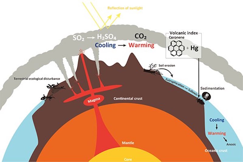 The researchers found coronene-mercury enrichments in sedimentary rocks deposited in southern China and Italy 252 million years ago. Paired coronene - mercury enrichments are products of multiple phases of a large igneous province volcanism. This, they say, could have led to the environmental changes that caused the disappearance of many terrestrial and marine animal species. Credit: Kunio Kaiho