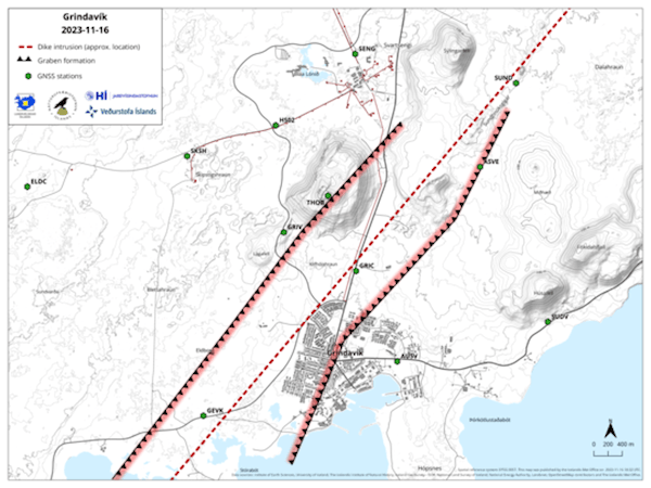 A map showing the extent of the subsidence over the magma intrusion in and around Grindavík. A GPS station (GRIC) located near the center of the subsidence has recorded a total subsidence of 25 cm since the beginning of the event.
