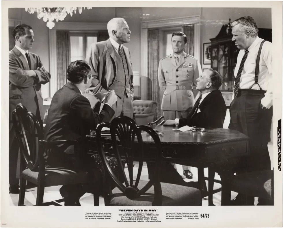 Seven Days in May is a 1964 American political thriller film about a military-political cabal's planned takeover of the United States government in reaction to the president's negotiation of a disarmament treaty with the Soviet Union.